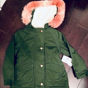Girls jacket green  parka  pink faux fur hood